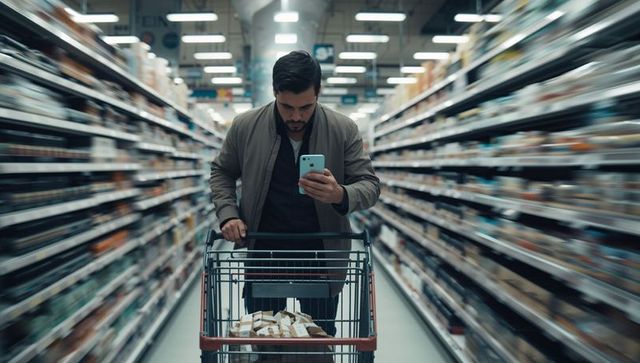 Male shopper using smartphone while pushing cart down busy supermarket aisle motion blur