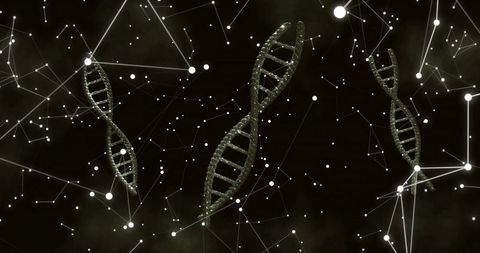 Floating DNA helix glowing in dark cosmic network with connecting nodes and particles