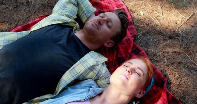 Couple Relaxing Outdoors on Picnic Blanket in Forest - Download Free Stock Images Pikwizard.com