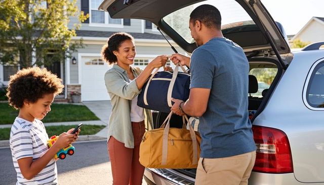 Family loading luggage into suv, packing for weekend road trip in suburban driveway