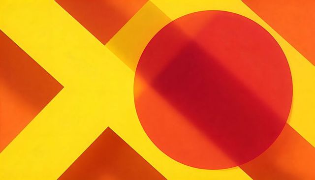 Bold geometric colorblock composition with red circle and yellow cross