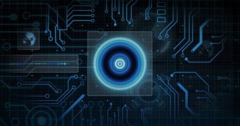 Pulsing Concentric HUD Interface with Globe Floating on Dark Grid with Neon Circuit Traces