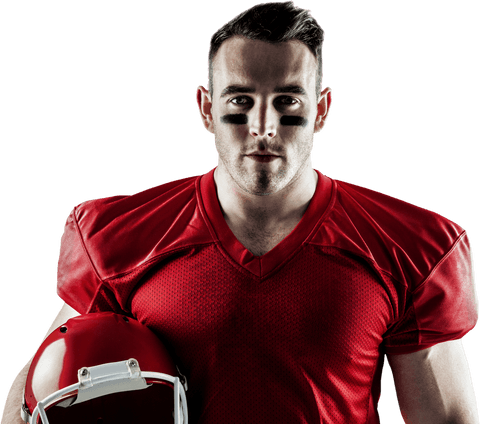 Confident american football player in red jersey transparent background