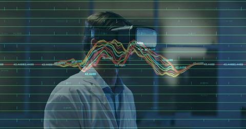 Scientist wearing vr headset analyzing holographic data waveform in high-tech lab