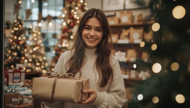 Smiling woman holding kraft-wrapped christmas gift in cozy boutique with bokeh lights