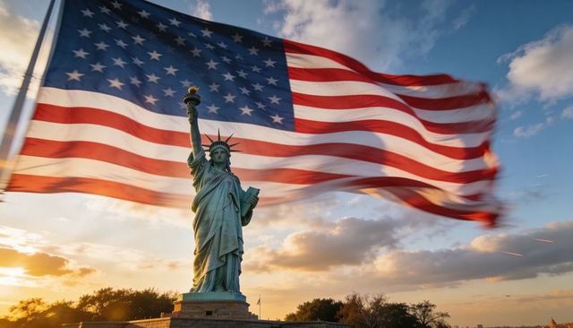 Statue of liberty holding torch with sweeping american flag waving at golden hour sunset