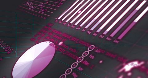 Neon Analytics Dashboard with Magenta Bar Chart and Faceted Pie in Isometric Grid