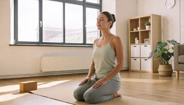 Woman Practicing Meditation at Home on Yoga Mat in Bright Minimal Living Room