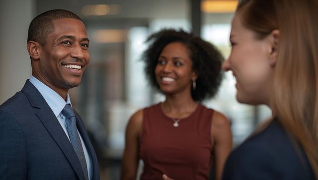 Professionals Networking in Modern Corporate Lobby with Copy Space