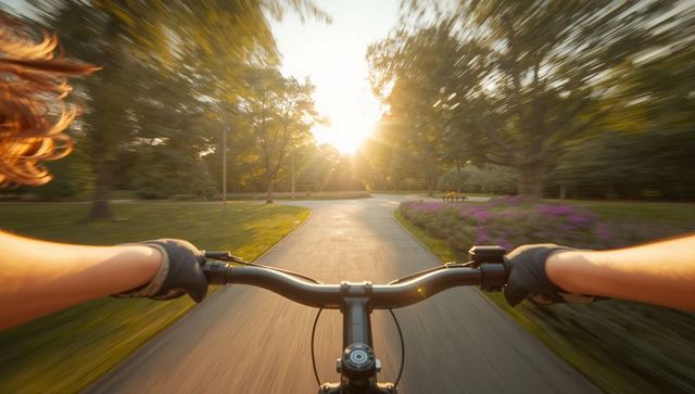 Cycling Through Sunlit Park Path at Golden Hour, First-Person Motion-Blur Perspective