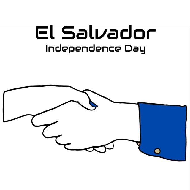 Illustration of cropped hands giving handshake and el salvador independence day text, copy space. White background, vector, together, patriotism, celebration, freedom and identity concept.