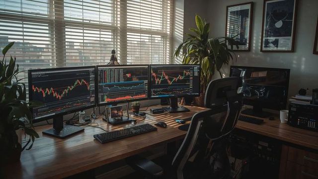 Modern office workspace with trading monitors on wooden desk