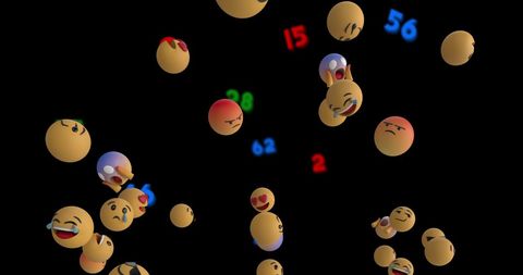 Floating emojis and numbers on black background