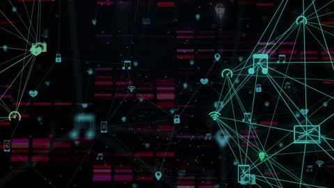 Futuristic Digital Network with Diverse Icons on Black Background