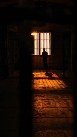 Silhouette man at barred window while golden sunlight casting long shadows vertical video