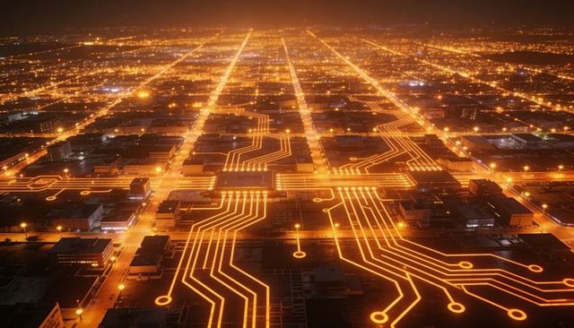 Futuristic city grid glowing like circuit board at night, aerial neon metropolis overlay