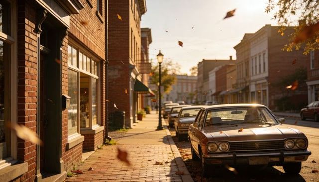 Nostalgic vintage sedan on historic small town main street at golden hour, autumn leaves