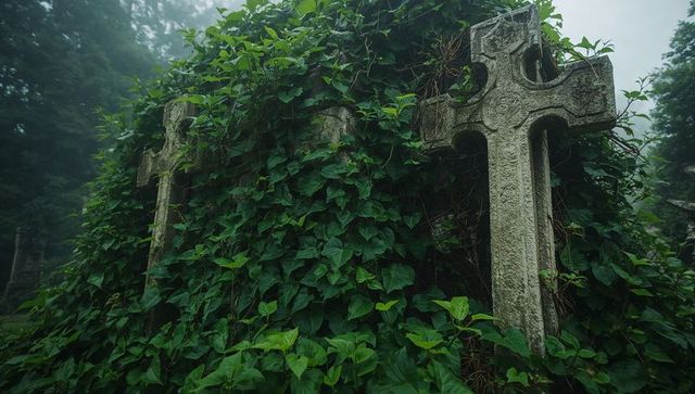 Climbing ivy covering celtic stone crosses in misty forest graveyard
