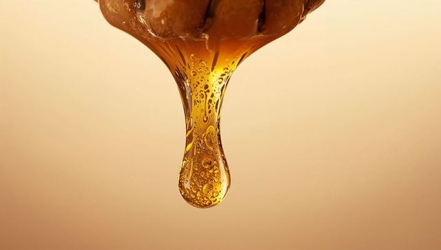 Macro amber droplet with suspended bubbles dripping from textured syrup bead, warm tones