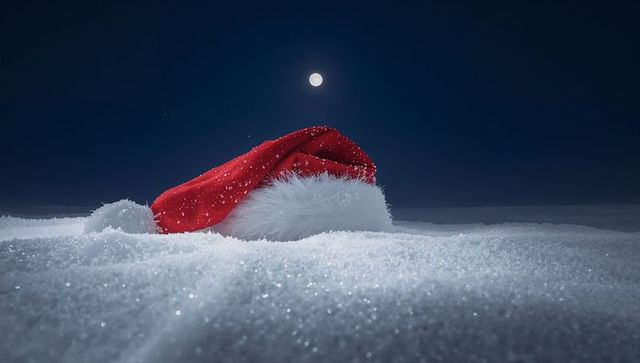 Moonlit Santa Hat Resting on Snow with Sparkling Frost and Velvet Fur Trim Under Full Moon