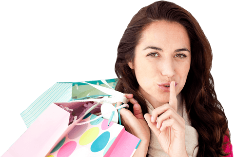 Transparent Woman with Shopping Bags Holding Finger to Lips