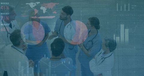 Doctors analyzing global health data using statistics and technology