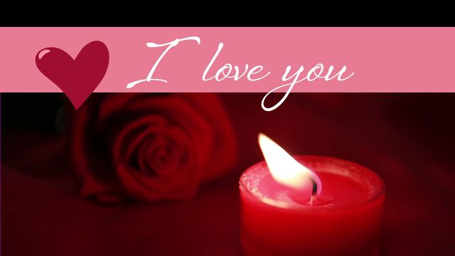 Charming scene combining warm candlelight with a delicate red rose and a romantic I love you message. Ideal for conveying messages of love and romance during Valentine's Day. Can be used for greeting cards, social media posts, or print on demand designs related to love themes.