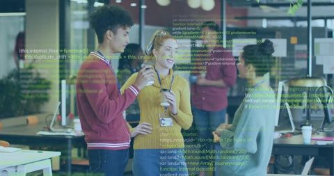 Young Professionals Collaborating in Modern Office with Code Overlay