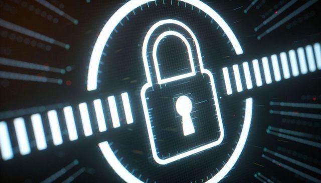 Glowing padlock guarding data on futuristic cyber HUD with segmented security bar