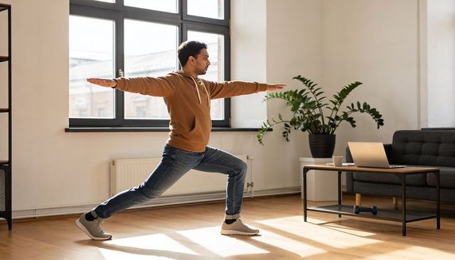 Asian man stretching in sunlit living room doing warrior lunge with laptop for home fitness