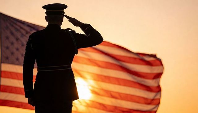 Saluting military officer silhouette at sunset with american flag - ceremonial respect