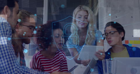 Collaborative Business Team Discussing Data with Futuristic Security Overlay