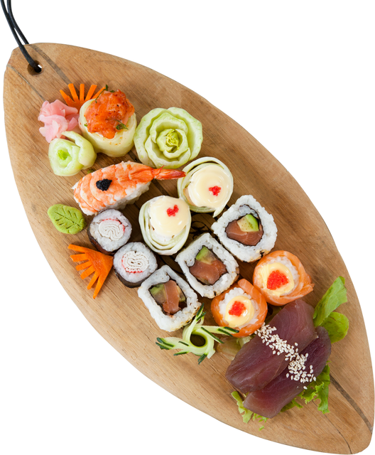 Assorted Sushi Platter on a Transparent Wooden Leaf Board - Download Free Stock Videos Pikwizard.com