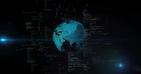 Rotating Cyber Globe with Code Overlay and Data Streams, Network Visualization Interface