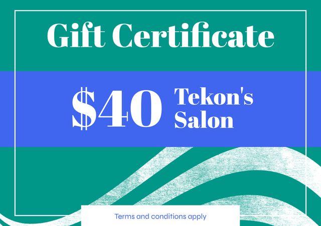 This $40 salon gift certificate template features a stylish green and blue design with a bold white header. Ideal for beauty salons and hair salons looking to offer promotions, this certificate is customizable with your salon's name. Great for beauty spa gifts, salon promotions, or customer rewards.