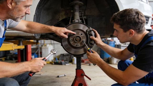 Senior mechanic guiding apprentice repairing brake rotor on jack stand in busy auto repair shop