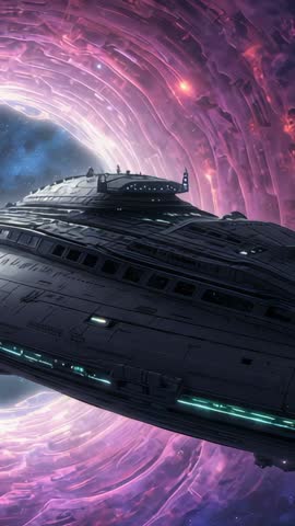Starship Approaching Swirling Purple Vortex in Deep Space Vertical Sci-Fi Video