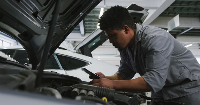 Mechanic Diagnosing Car Problems with Mobile Device in Workshop - Download Free Stock Images Pikwizard.com