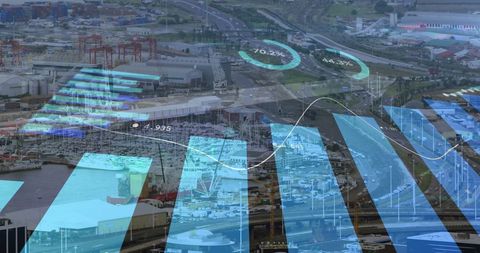 Digital graphs and cityscape illustrating global business data