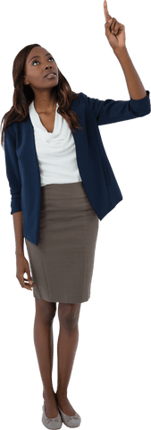Transparent businesswoman pointing upwards in professional attire