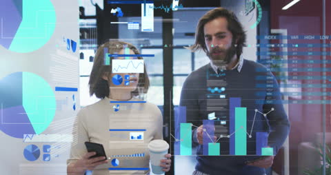 Team Collaborating with Holographic Data Displays in Modern Office