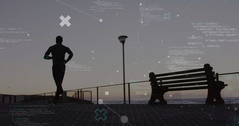 African american man running with futuristic digital interface