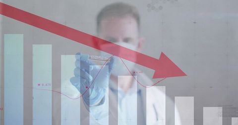 Scientist Holding Vaccine Vial Amid Declining Financial Graph