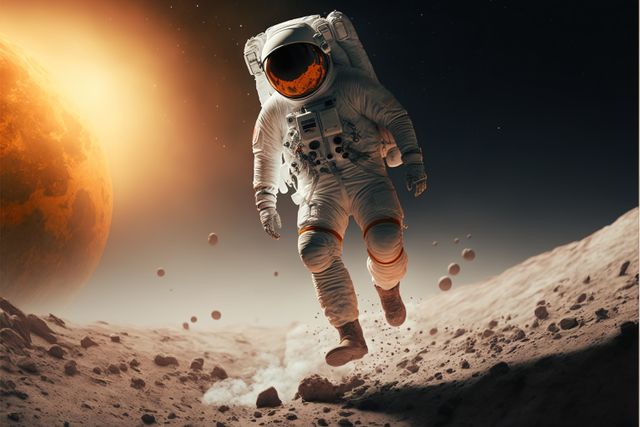 Astronaut walking on moon with a distant planet visible in background, creating a powerful sense of space exploration and adventure. Perfect for use in articles about space missions, posters on science and astronomy, or educational materials related to astrophysics and planetary studies.