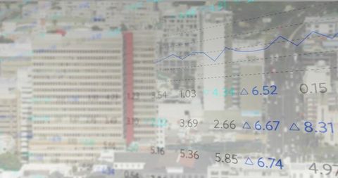 Financial data overlay on urban skyline with metrics and graphs