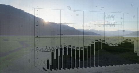 3d bar chart over grassy valley for data analytics