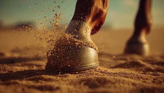 Close-up Detail of Galloping Horse Hoof Kicking Sand on Desert Landscape
