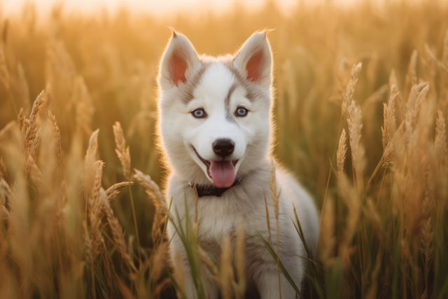 A delightful Husky puppy sitting in a field with a warm sunset glow. Perfect for use in pet care advertisements, nature-themed projects, or any media requiring a cheerful and serene canine image.