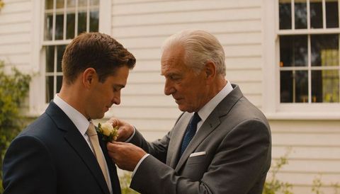 Father pinning boutonniere on groom outside white clapboard venue sunlit wedding moment