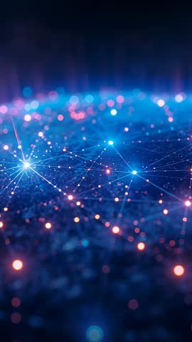 Vertical 4K Video Drifting Over Neon Data Grid with Pulsing Nodes and Central Star Node